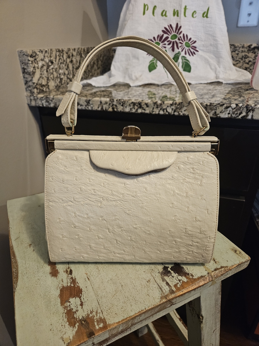 Vintage Triangle New York Structured Ostridge Embossed Cream Top-Handle Bag